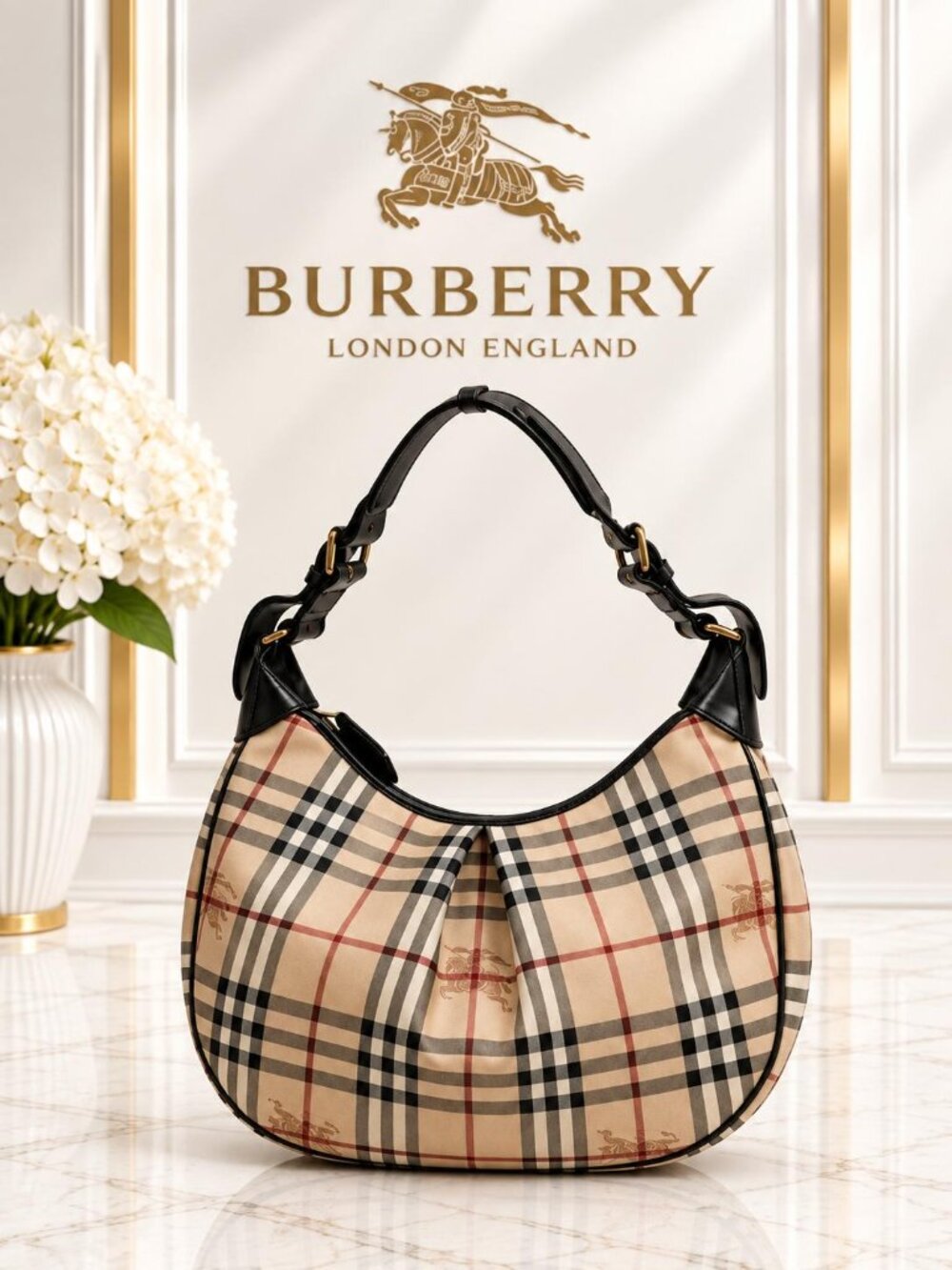 Authentic Burberry Nova Check Hobo Shoulder Bag Beige Black Leather Luxury